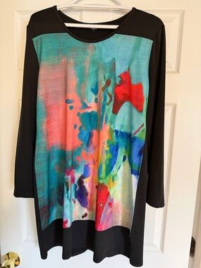 Women’s Abstract Print Long Sleeve Tunic Dress - Black with Multicolor Panel